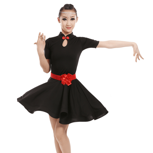 Kids latin dance dresses mint girls children red black orange green performance salsa rumba chacha dance dresses